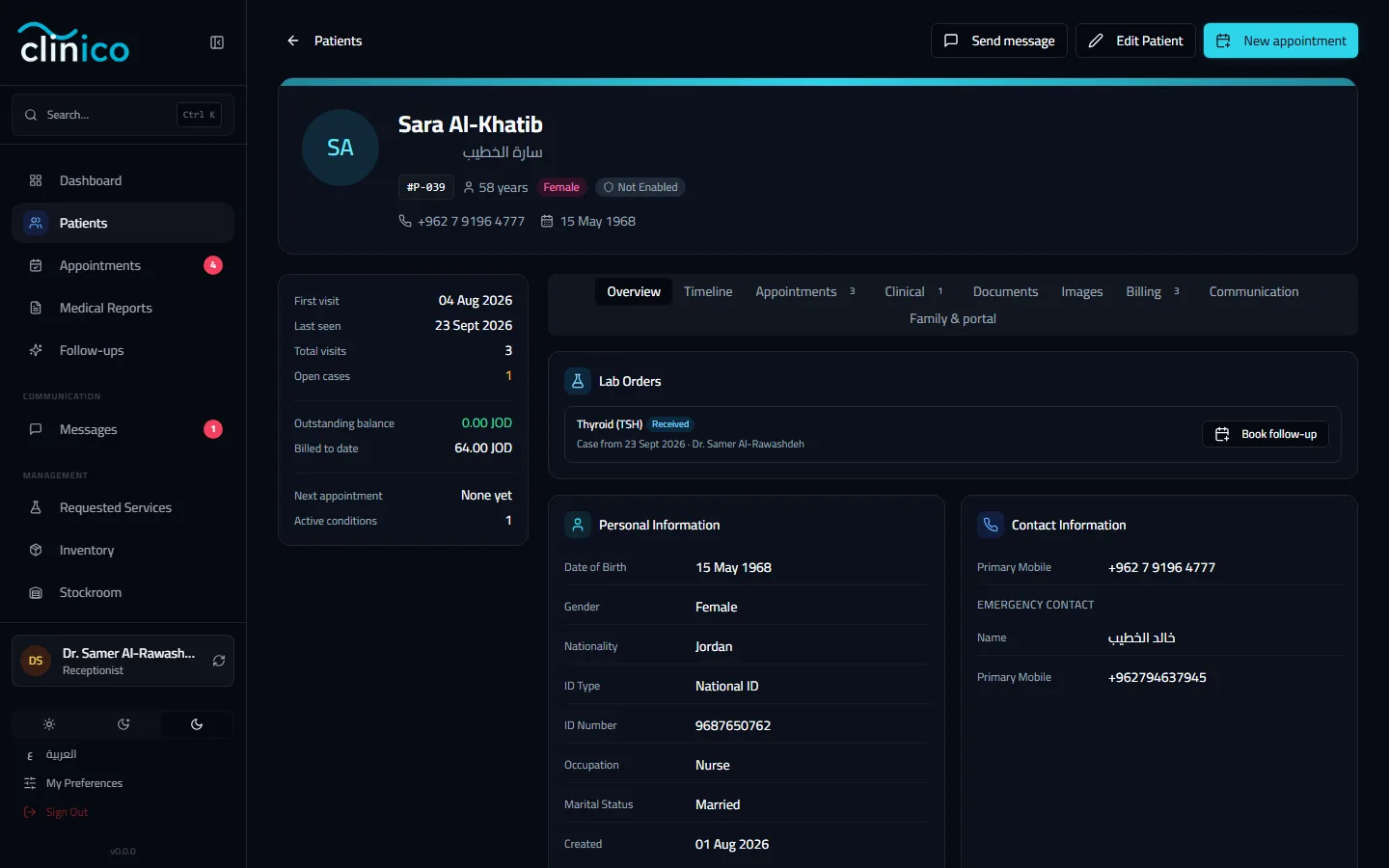 A patient profile and its tabs